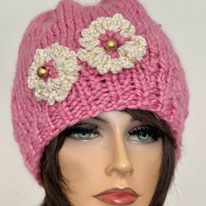 Hand Knits 2 Love Beanie Hat Cap Pink Flowers  Beads Designer Women Gift Winter